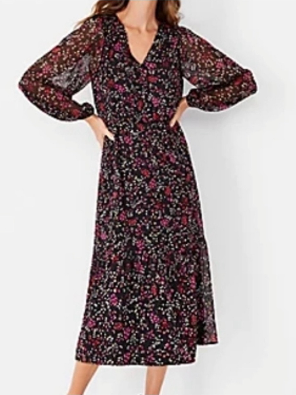 Ann Taylor Black Midi Dress with Pink Floral Print - Long Sleeve